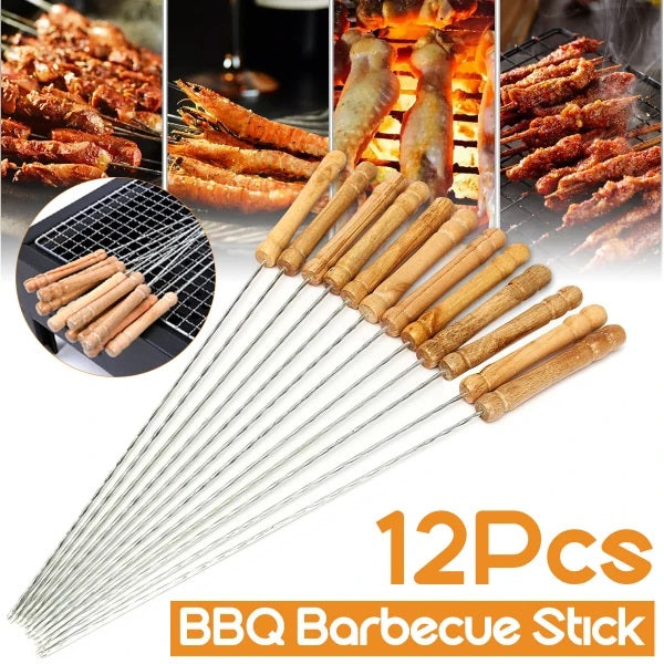 BBQ Grill Skewers 12 Pcs – Wooden Handle | Barbecue Sticks for Grilling